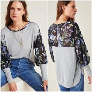 Anthropologie RAYE PRINTED TOP Floral Heathered Grey Juliet Sleeve by Tiny.